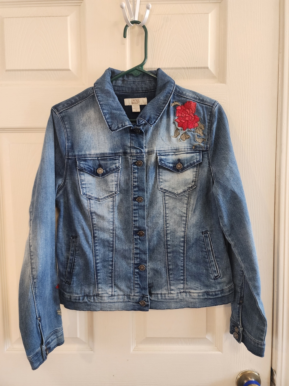 Vintage America Light Blue Denim Jacket with Red Floral Embroidery